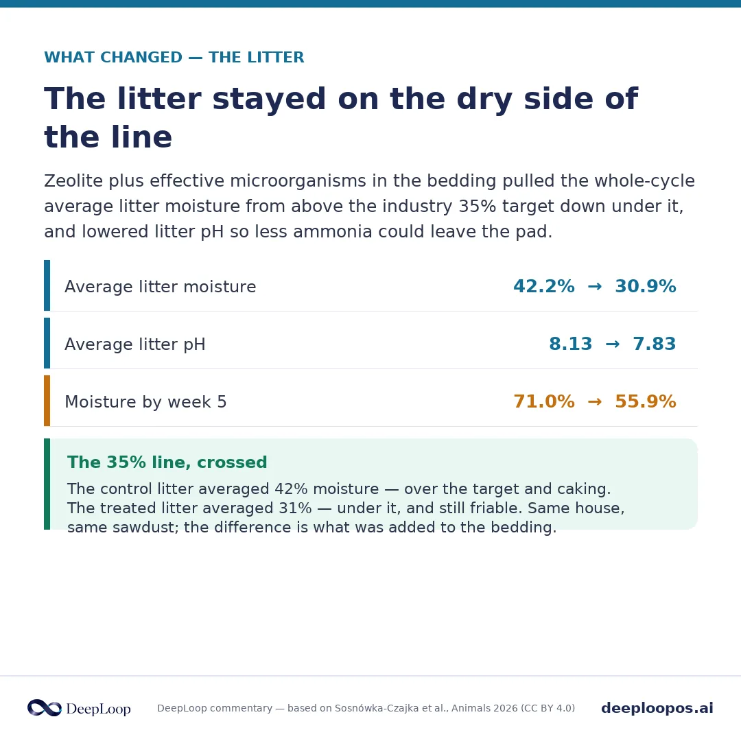From the litter-treatment study - drier litter through zeolite and microbial treatment improved the downstream air and footpad measures.