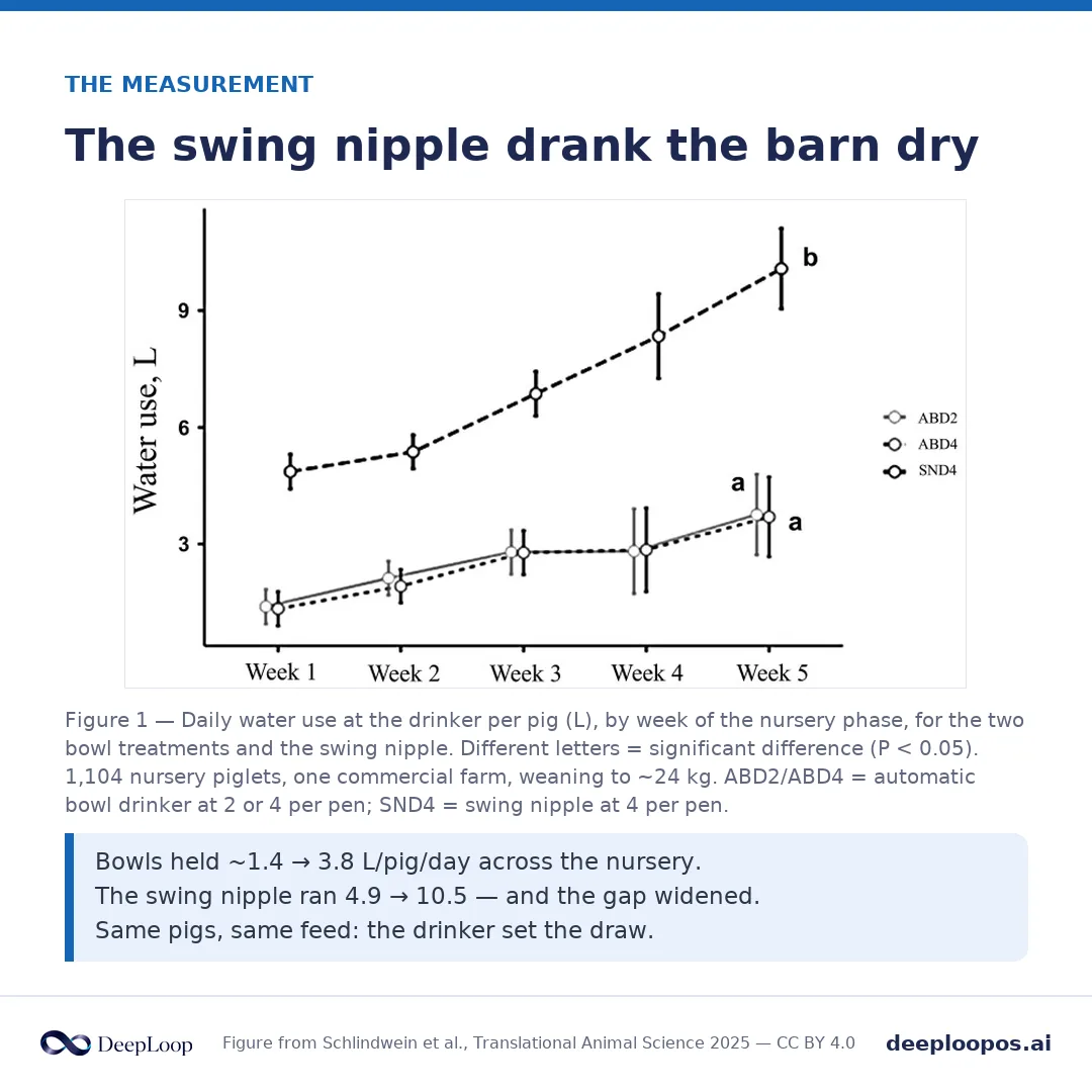 From the nursery drinker study - swing nipples drew more than double the water of bowls for the same feed, most of it leaving as slurry.